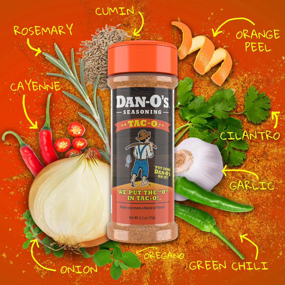 Tac-O Seasoning spice rub sprinkled on meat for bold taste