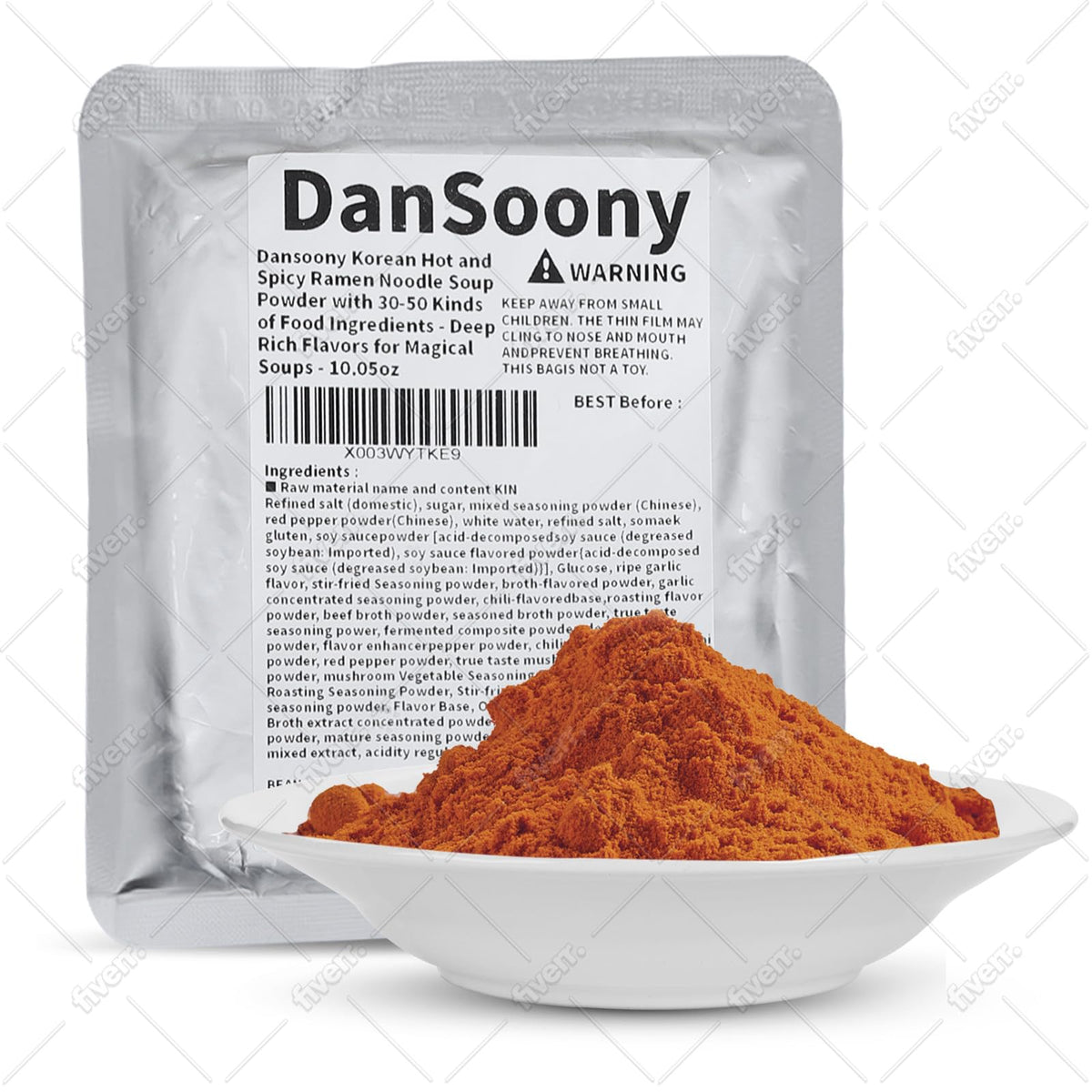 DanSoony hot-spicy ramen powder bottle front showing bold umami and heat for rich soups