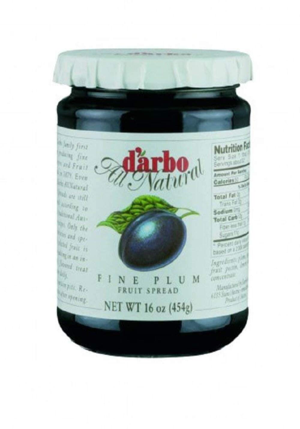 D'Arbo plum spread in a 16 oz jar, ideal for breakfast and snacks.