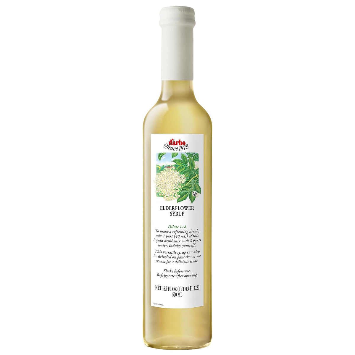 Darbo elderflower syrup bottle showcases premium flavor and versatility.