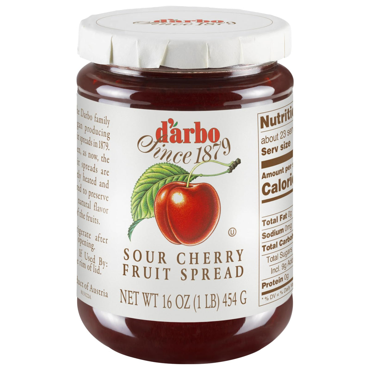 Darbo sour cherry spread jar highlights pure fruit flavor perfect for toast.