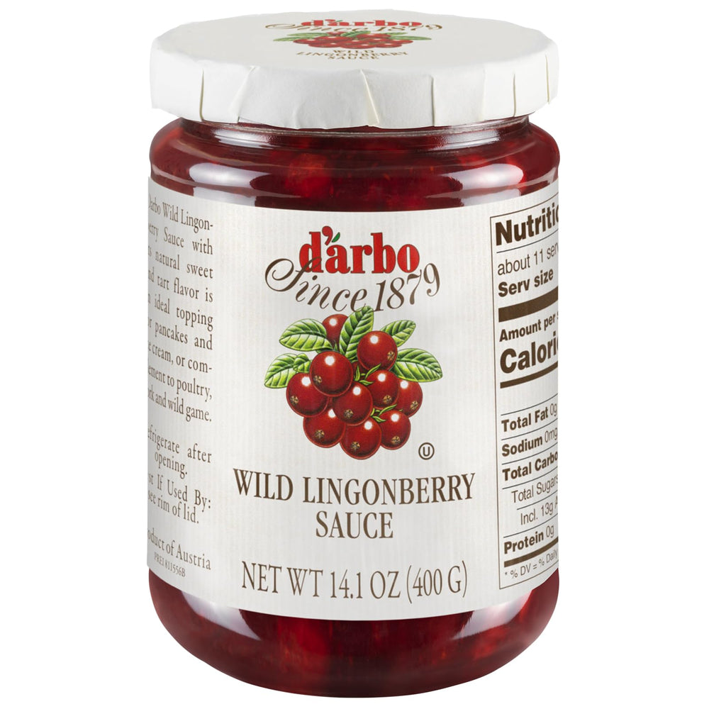 Darbo wild lingonberry sauce bottle highlights vibrant color and versatile kitchen uses.