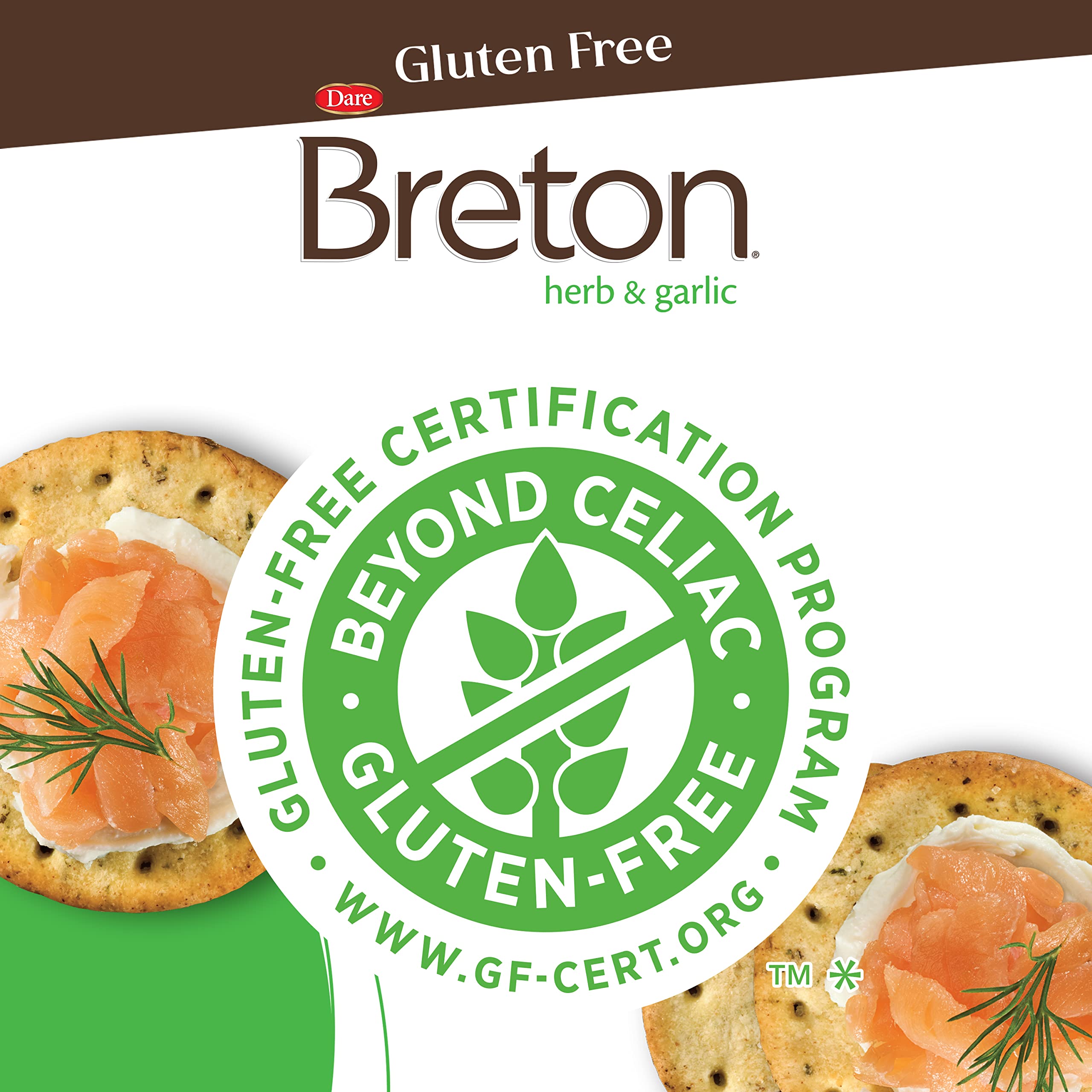 Six-pack box of Dare Breton Herb Garlic crackers for convenient gluten-free snacking.