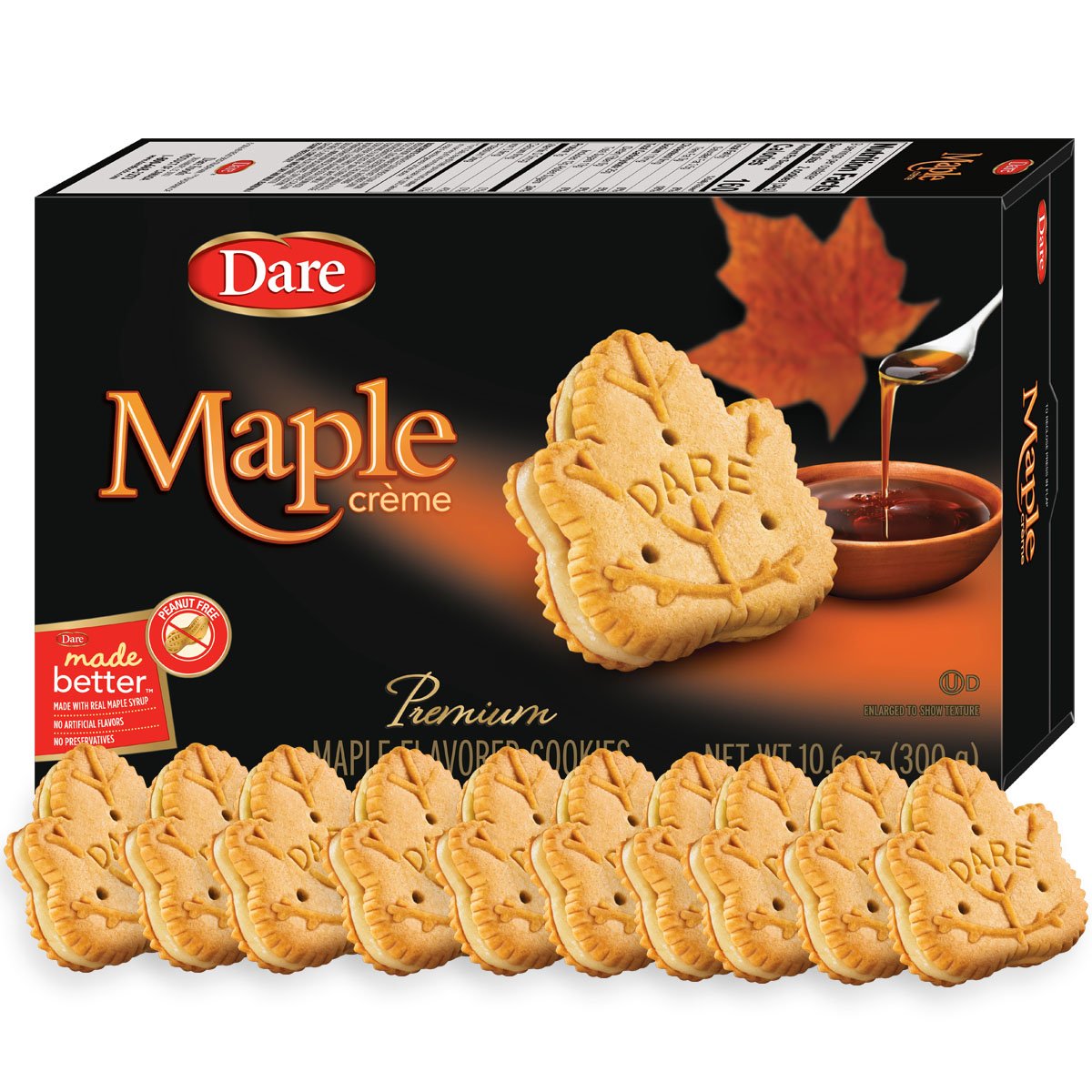 Dare Maple Leaf Crème Cookies close-up, peanut-free treat with real maple