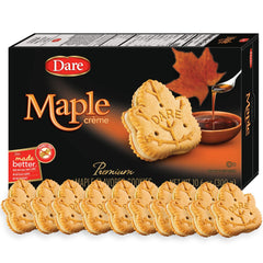 Dare Maple Leaf Crème Cookies close-up, peanut-free treat with real maple