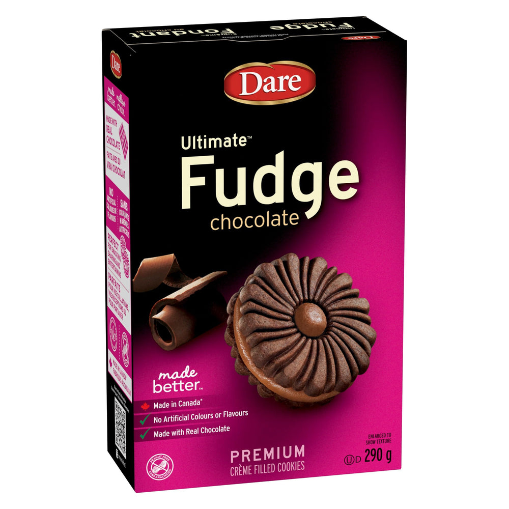 Dare Ultimate Fudge Cookie sandwich filling, balanced flavor.