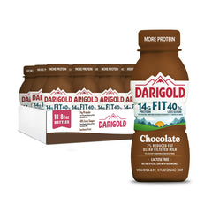 Darigold Fit ultra-filtered chocolate milk bottle on kitchen counter, high protein option for active days.