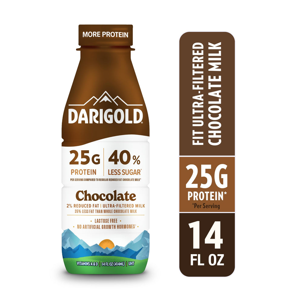 Darigold low-sugar chocolate milk smooth pour with creamy texture.