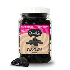 Darrell Lea bulk licorice original tub showing rich flavor, ideal for sharing.