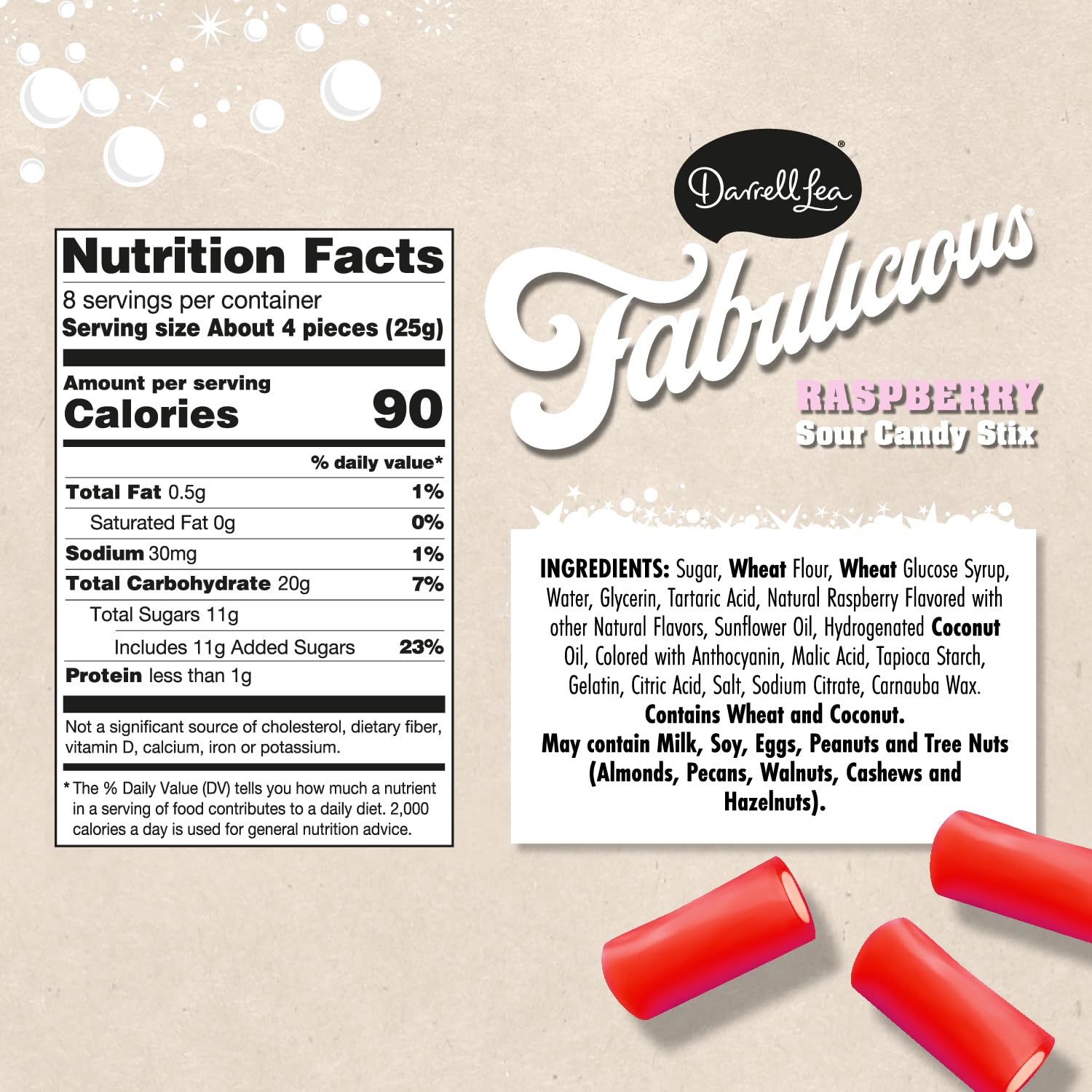 Darrell Lea Fabulicious Sour Candy Stix packaging shows Australian-made quality.