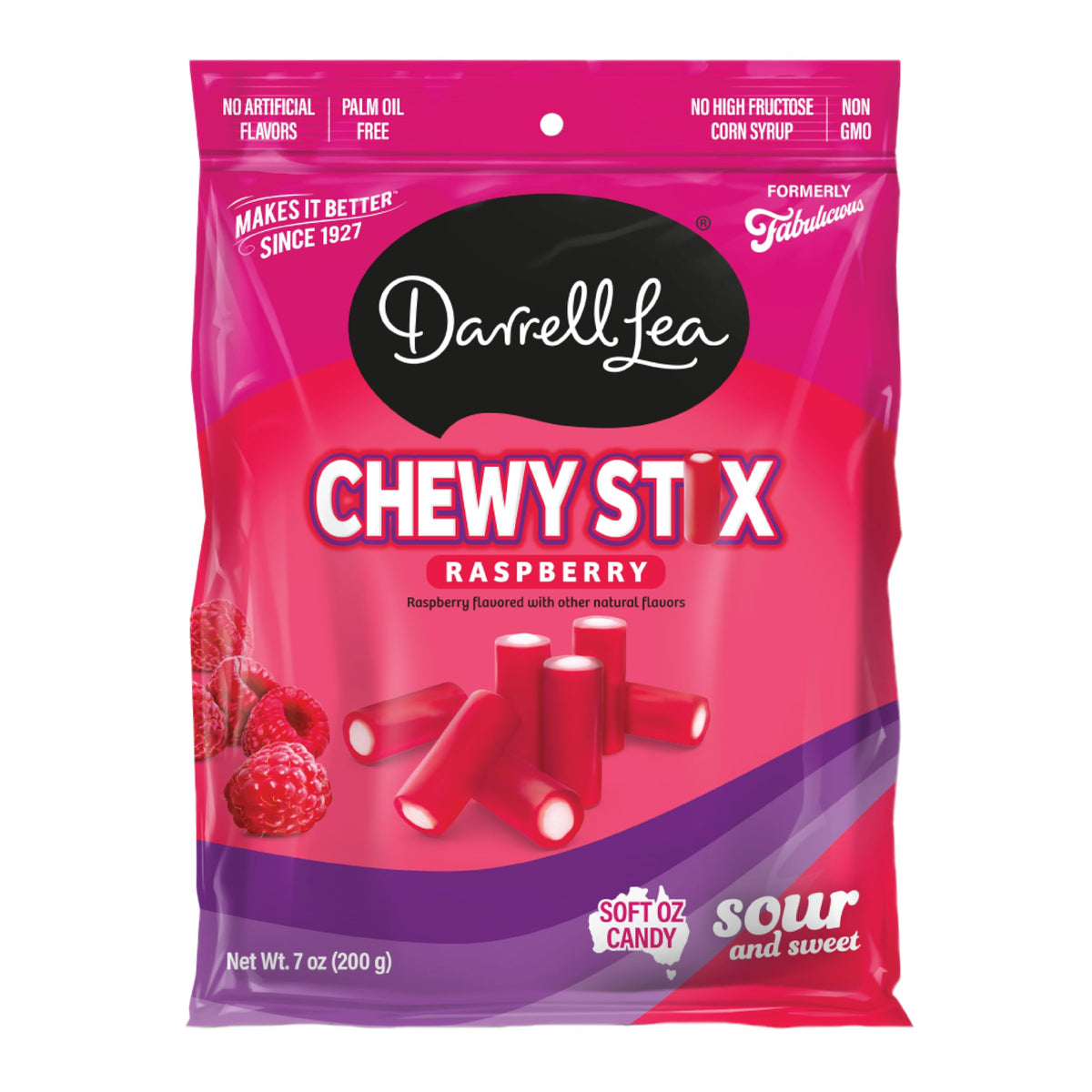 Darrell Lea Fabulicious Sour Candy Stix raspberry front, tangy and shareable.