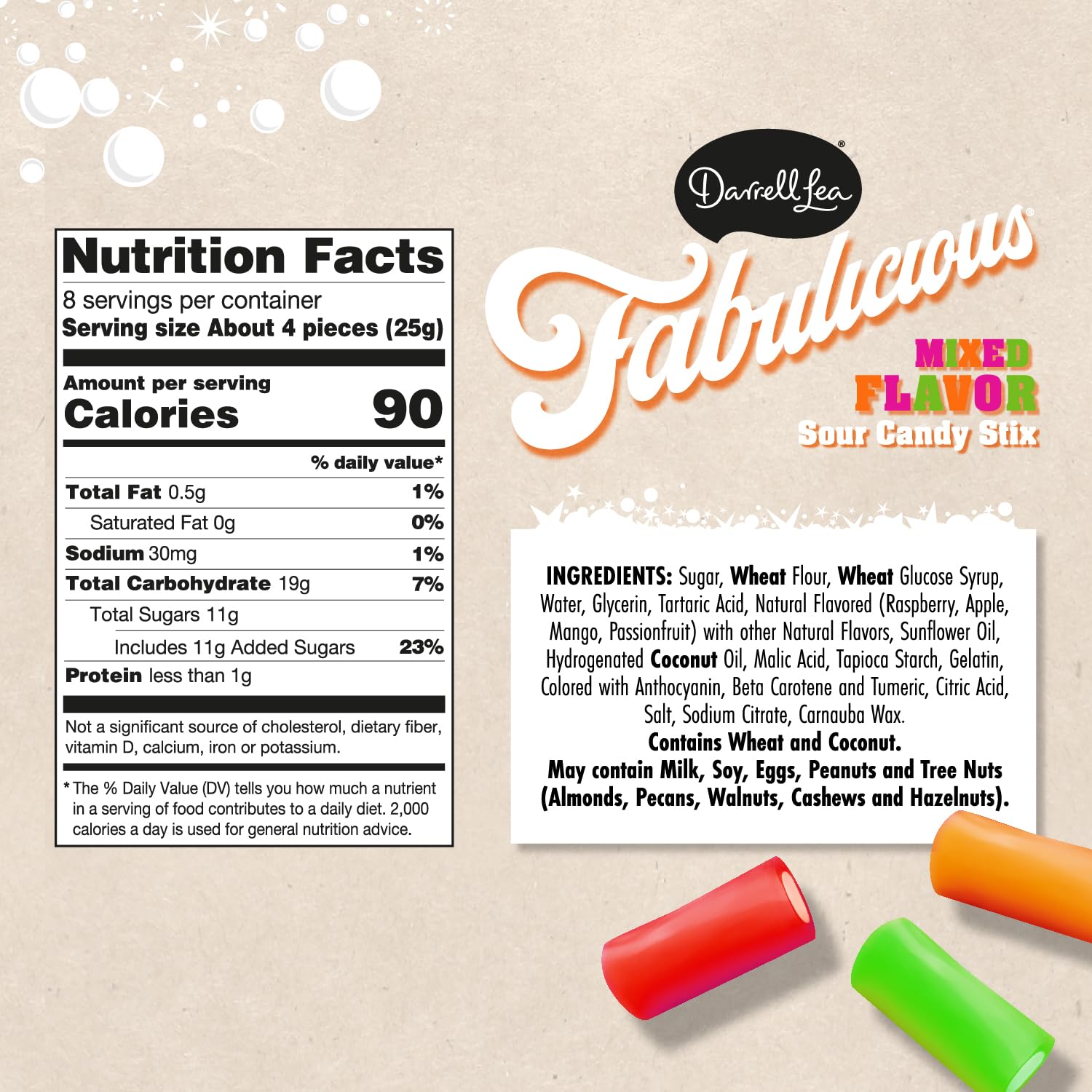 Darrell Lea Fabulicious Sour Stix 7-ounce pack ready to share.