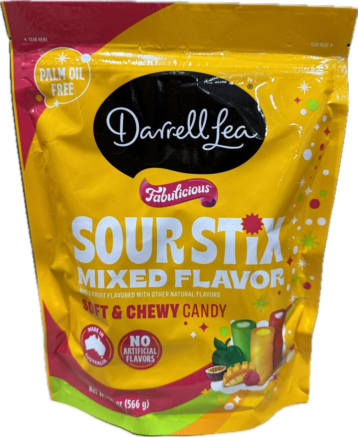 Darrell Lea Fabulicious Stix mixed flavors packaging, great for sharing snacks.