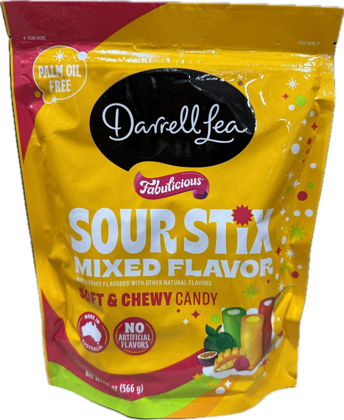 Darrell Lea Fabulicious Stix mixed flavors packaging, great for sharing snacks.