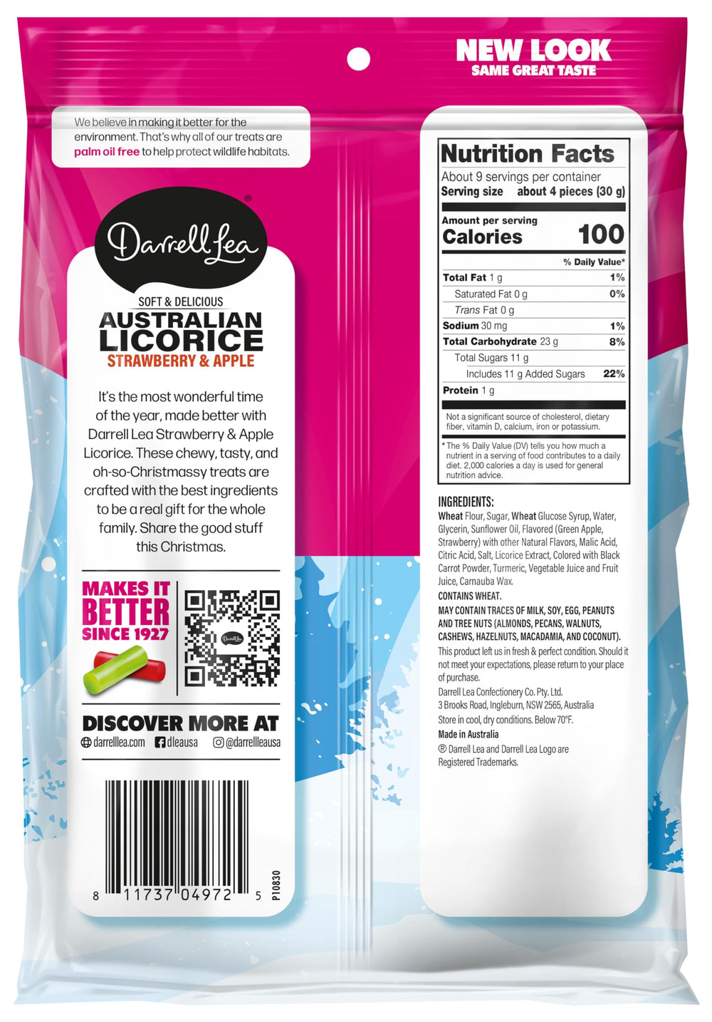 Close-up of strawberry-flavored licorice strands from Darrell Lea for snacking