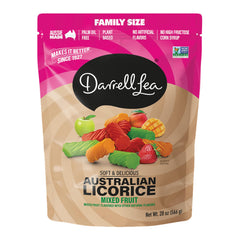 Darrell Lea licorice mixed fruit bag showcases soft, chewy texture for snacking