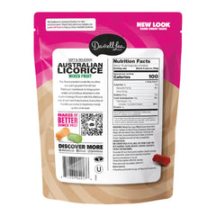 Close-up of Darrell Lea licorice soft-chewy texture and strawberry flavor