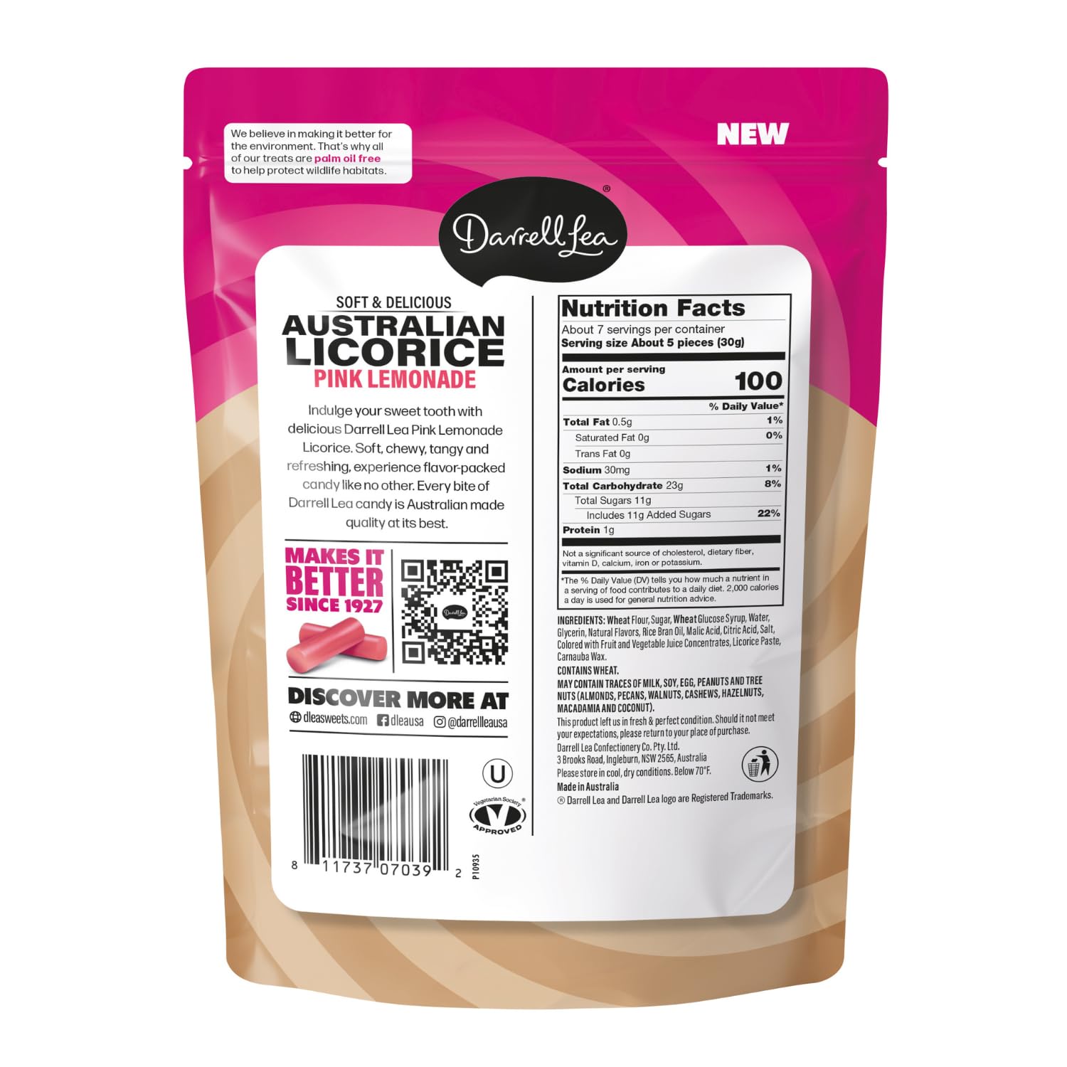 Close-up of Darrell Lea Pink Lemonade licorice highlighting velvety chew and pink color.