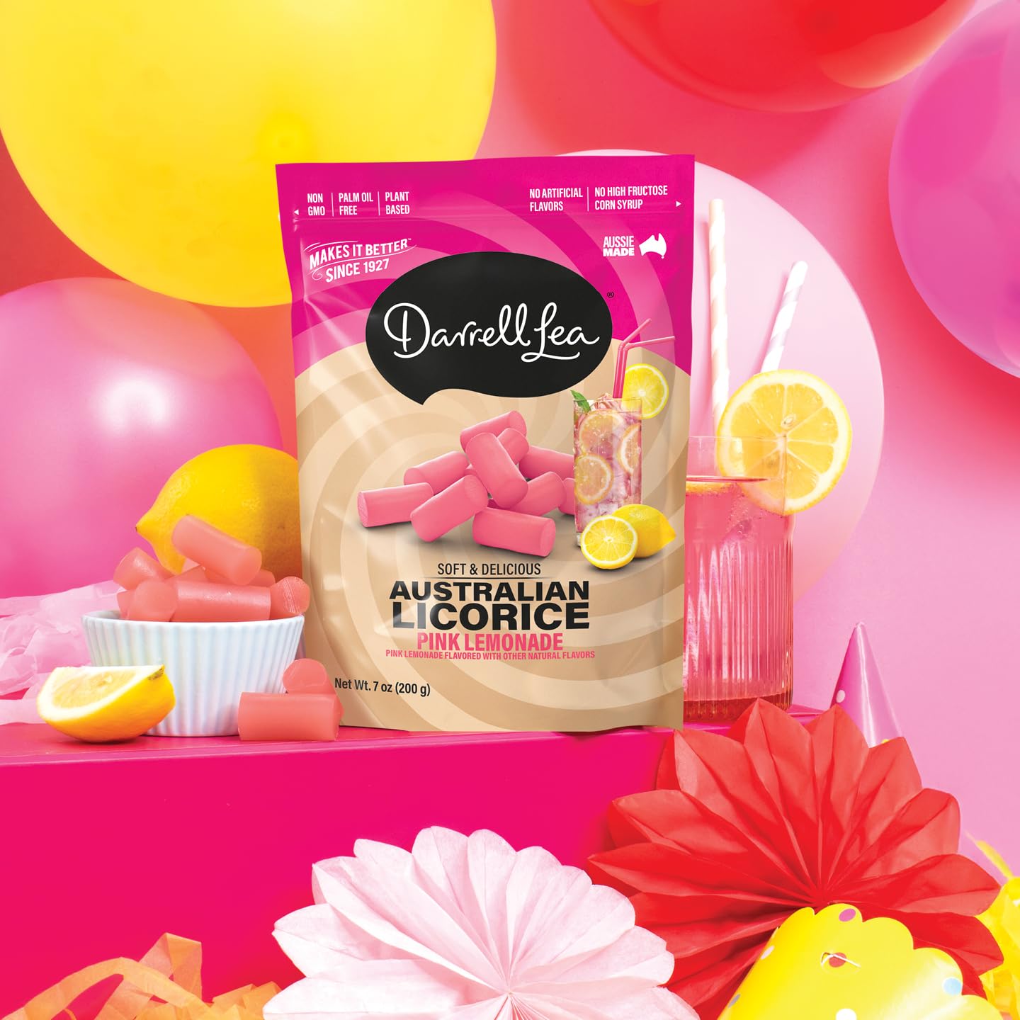 Serving suggestion: Pink Lemonade licorice in a lunchbox snack by Darrell Lea.