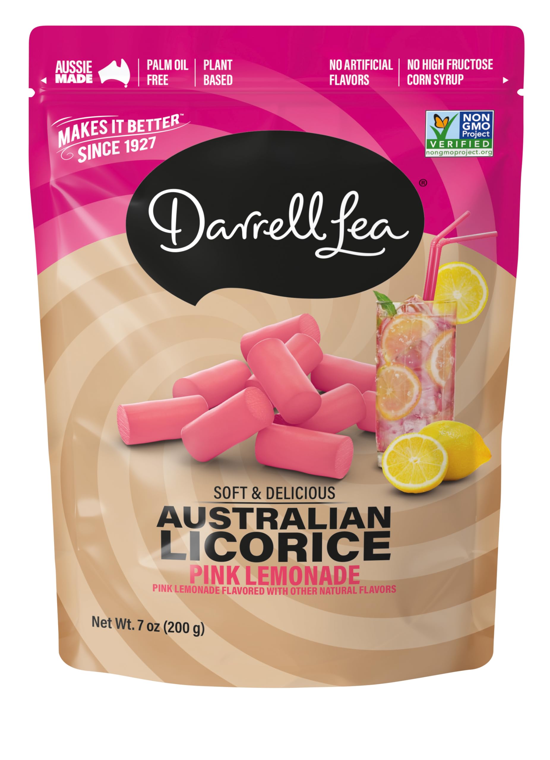 Darrell Lea Pink Lemonade licorice pack shows soft, chewy texture and bright flavor.