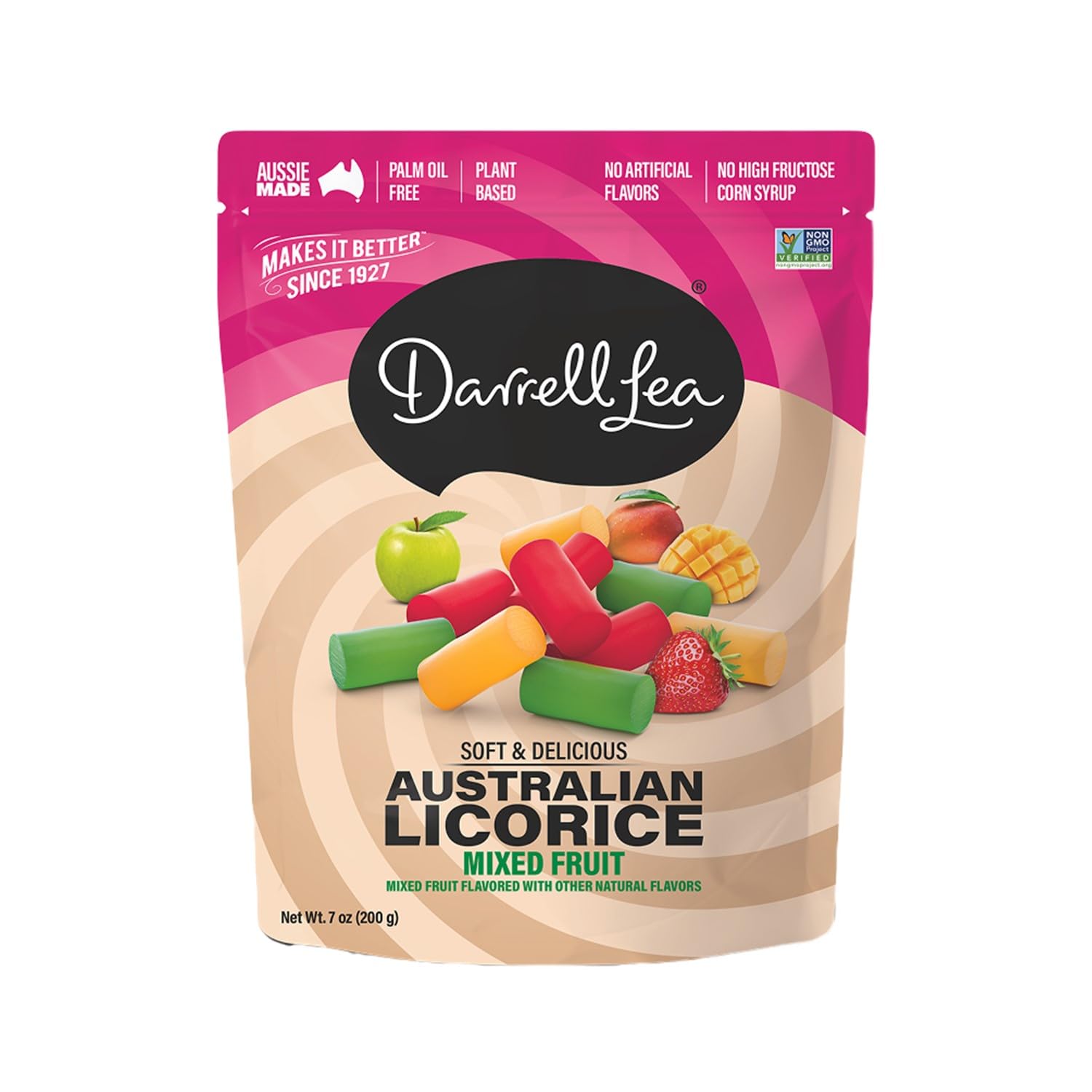 Darrell Lea soft Australian licorice mixed fruit pack offers a chewy snack.