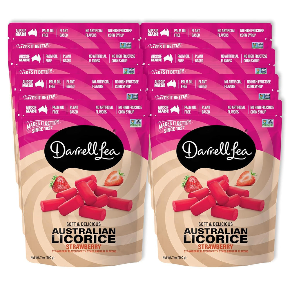 Darrell Lea strawberry licorice—soft, chewy snack perfect for lunch boxes.