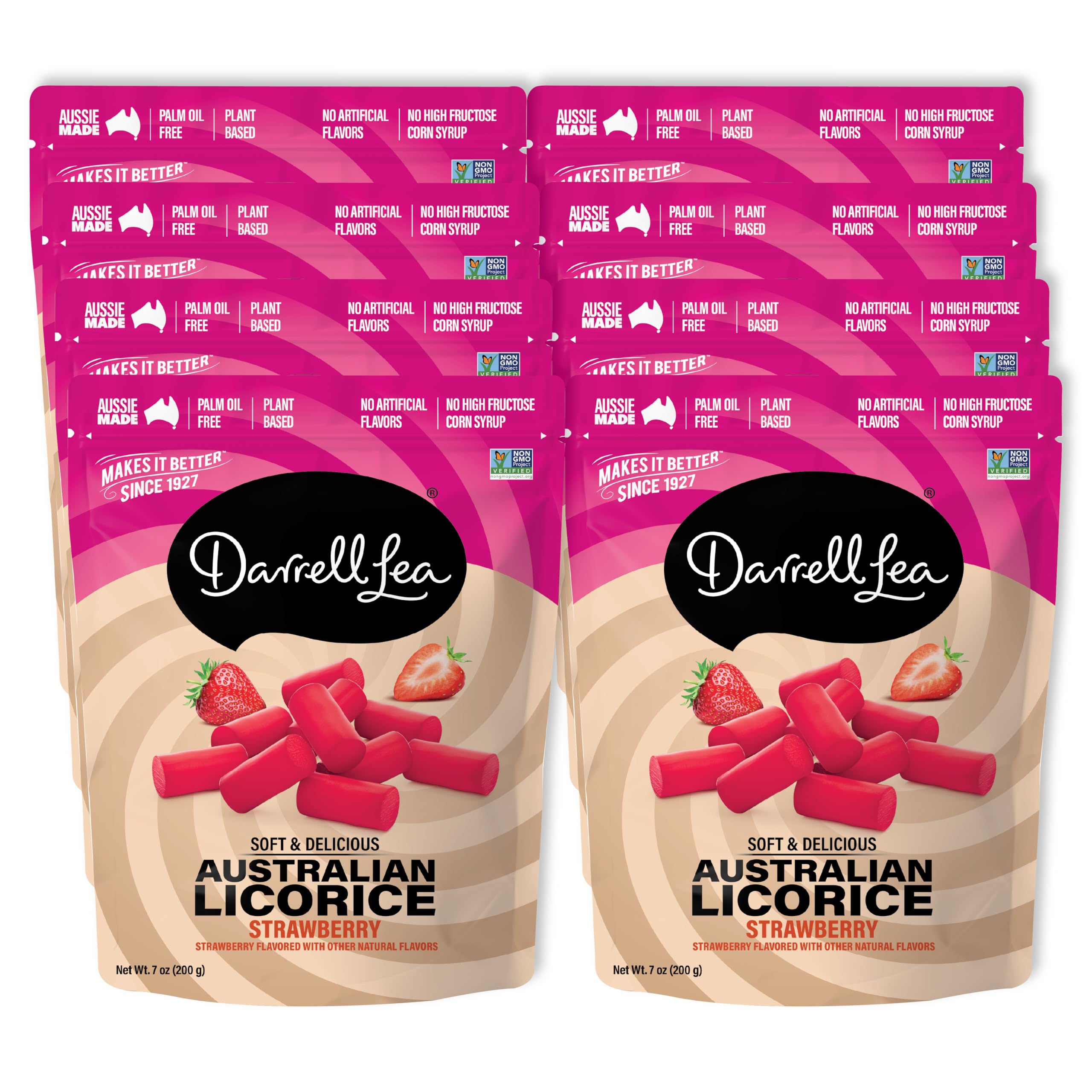 Darrell Lea soft Australian licorice strawberry packaging shot for convenient eight-pack