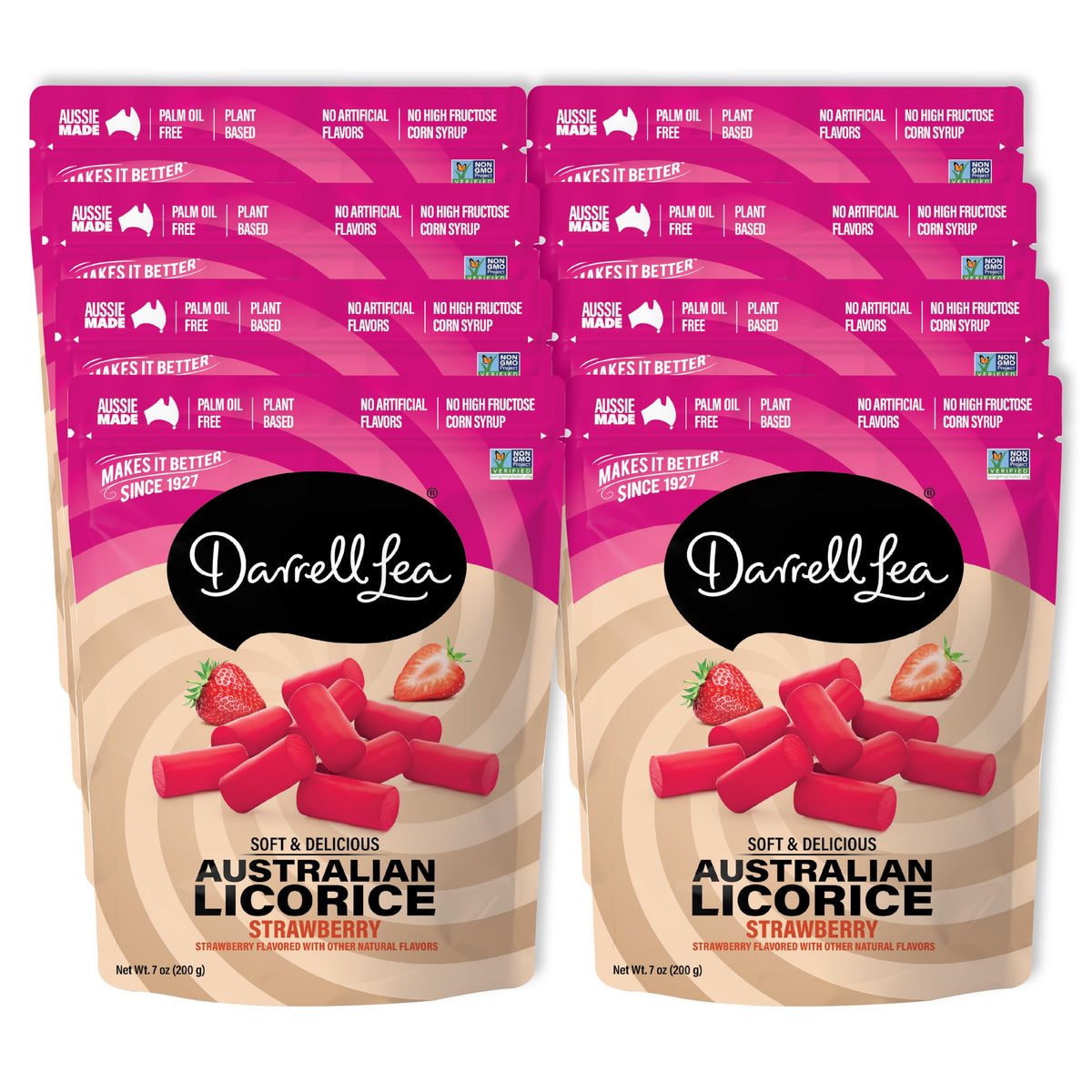 Darrell Lea soft Australian licorice strawberry packaging shot for convenient eight-pack
