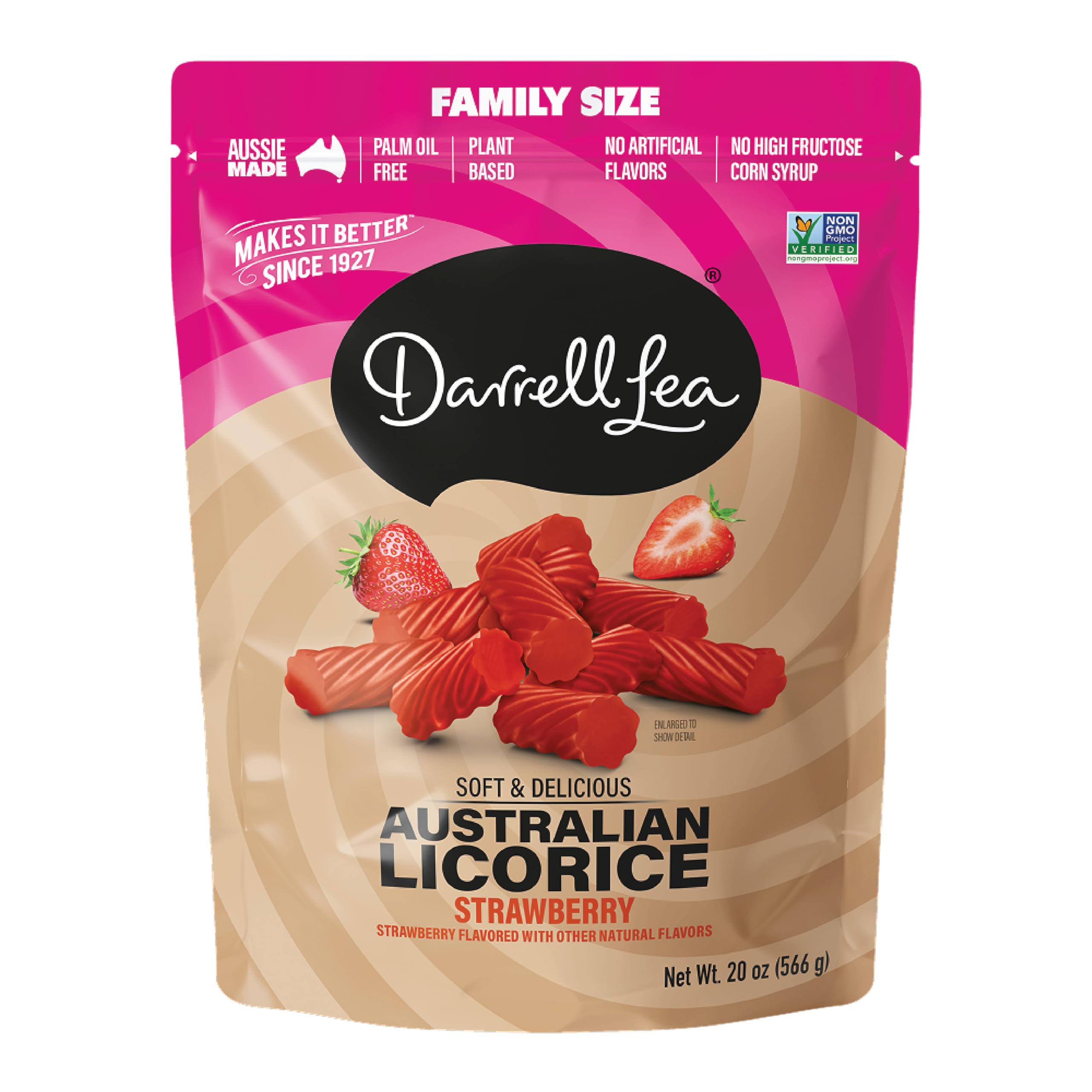 Darrell Lea strawberry licorice big bag front view for sharing.