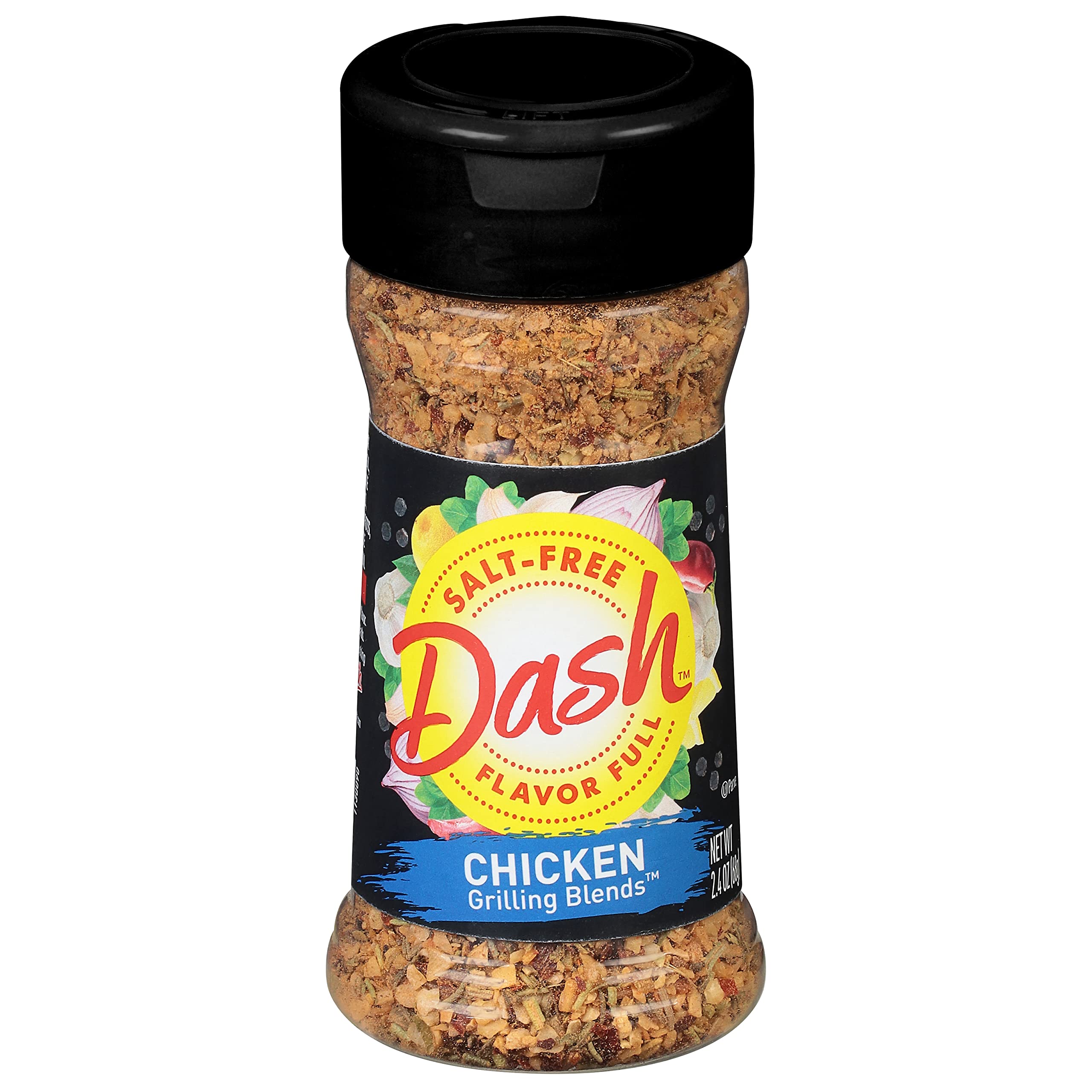 Dash Salt-Free Grilling Blend bottle beside chicken, offering salt-free flavor.
