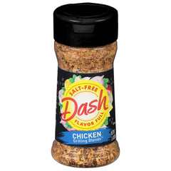 Dash Salt-Free Grilling Blend bottle beside chicken, offering salt-free flavor.