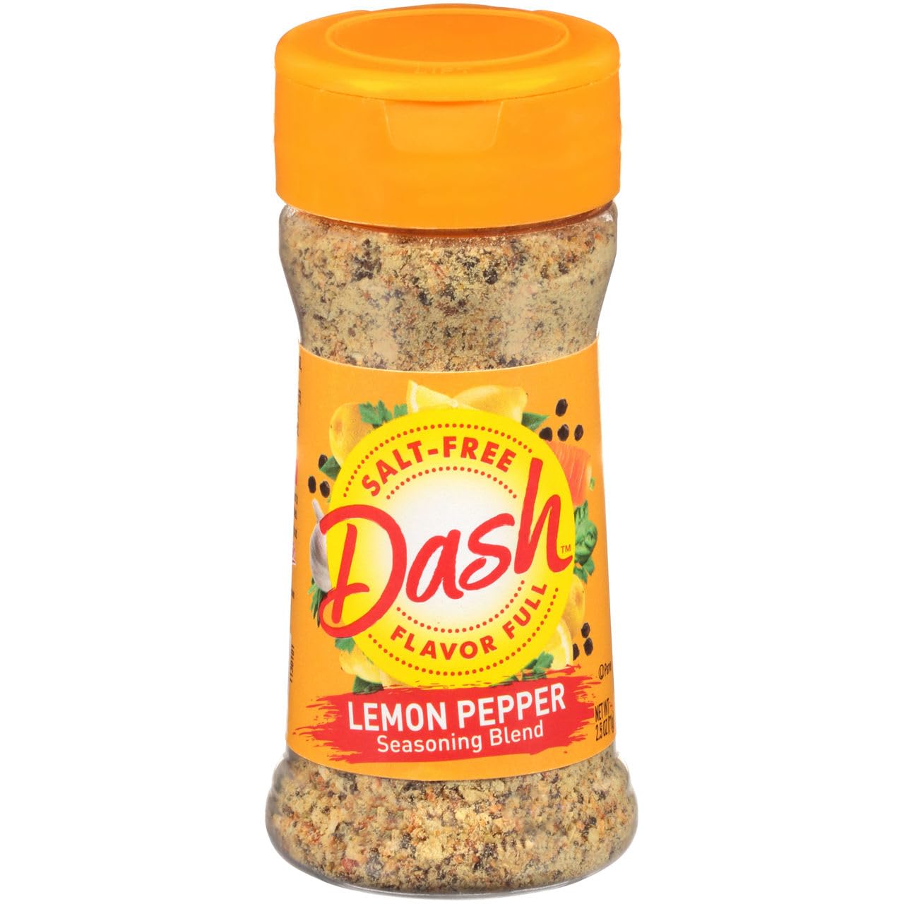 Dash salt-free lemon pepper seasoning bottle enhances chicken and fish with citrus zest