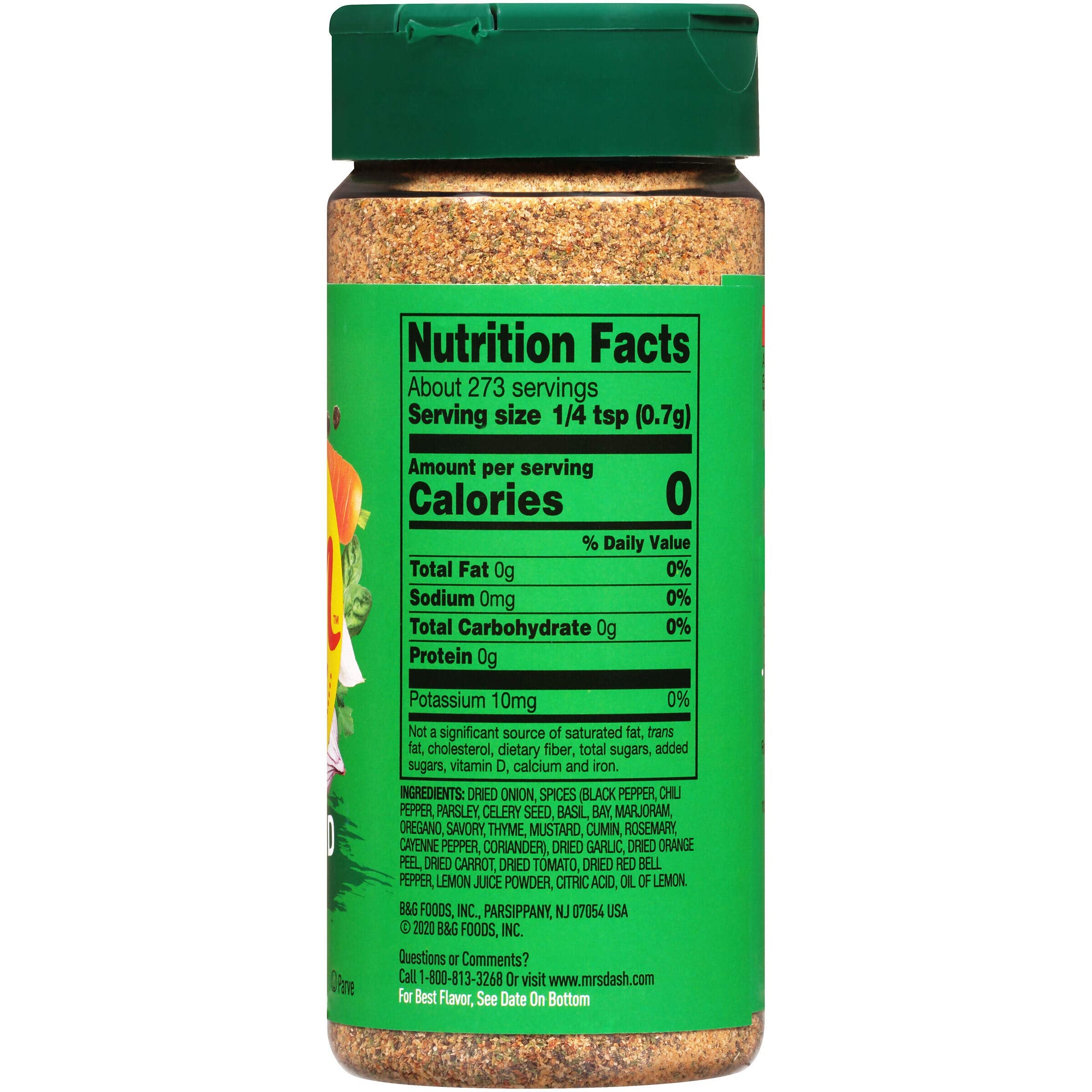 Dash Salt-Free Table Blend bottle back label, notes of herbs and spices.