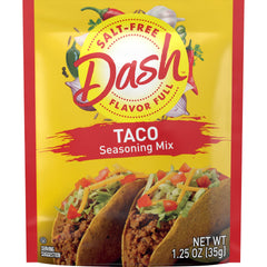Dash salt-free taco seasoning pack for flavorful meals without added salt.