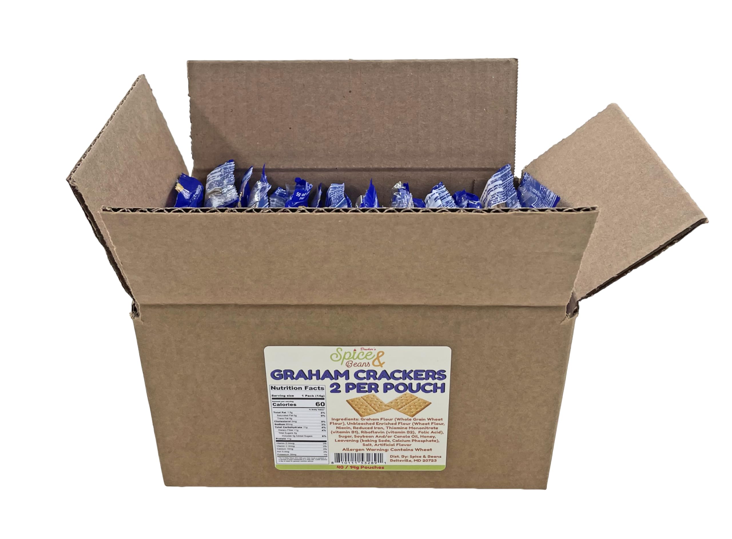 Easy-open wrapper on Dasher's Spice & Beans graham crackers for quick access.