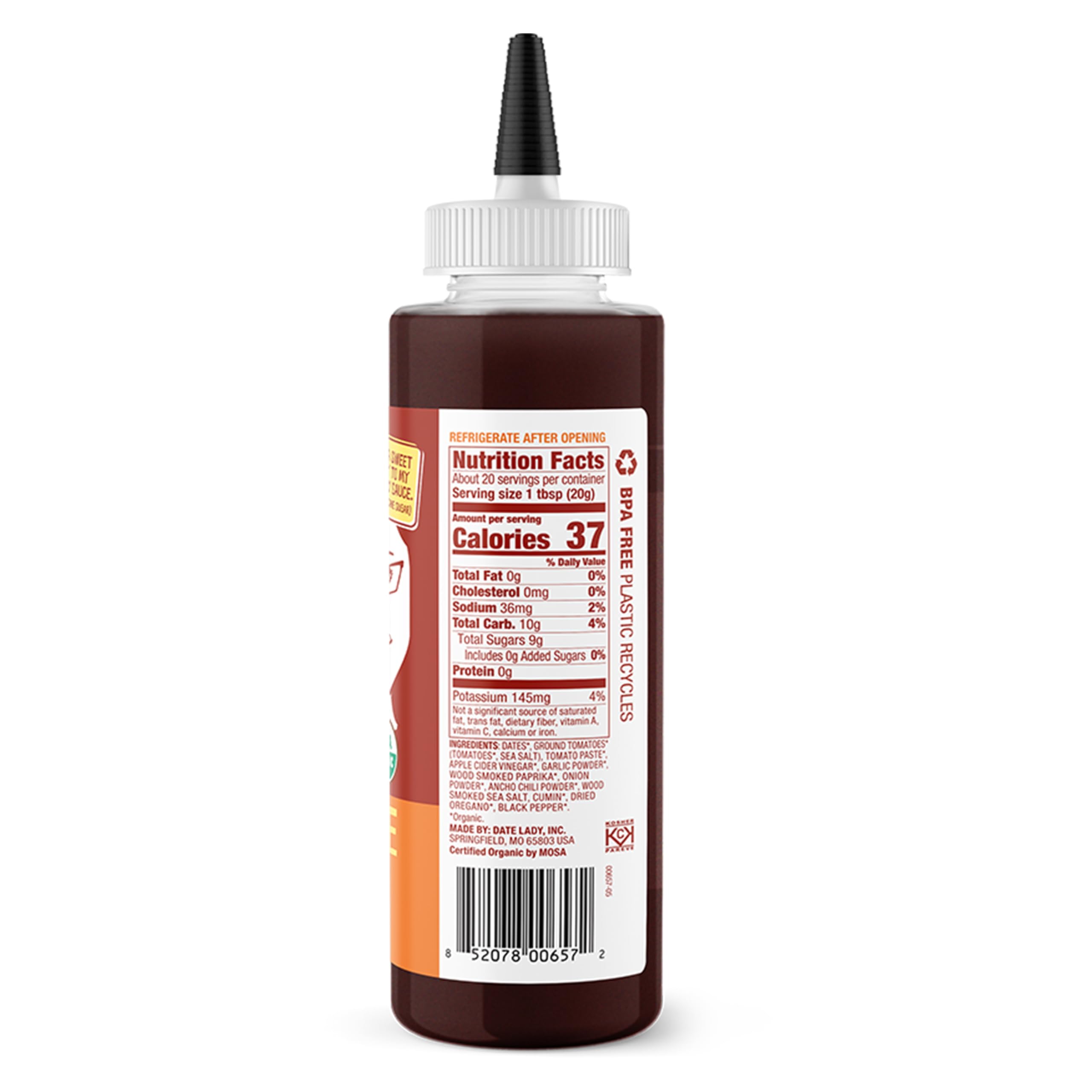 Date Lady BBQ Sauce bottle pouring with rich smoky glaze