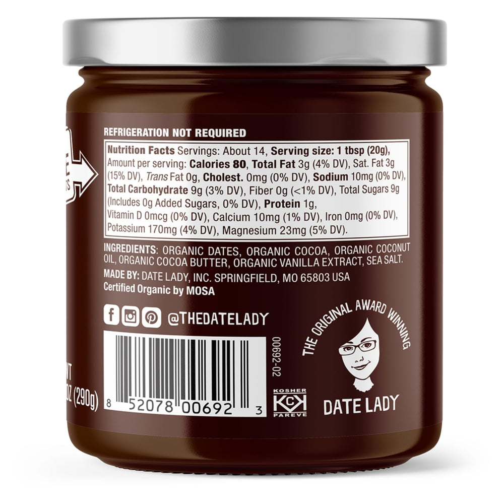 Date Lady chocolate date spread ingredients closeup with dates and cocoa for dessert topping