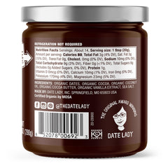 Date Lady chocolate date spread ingredients closeup with dates and cocoa for dessert topping