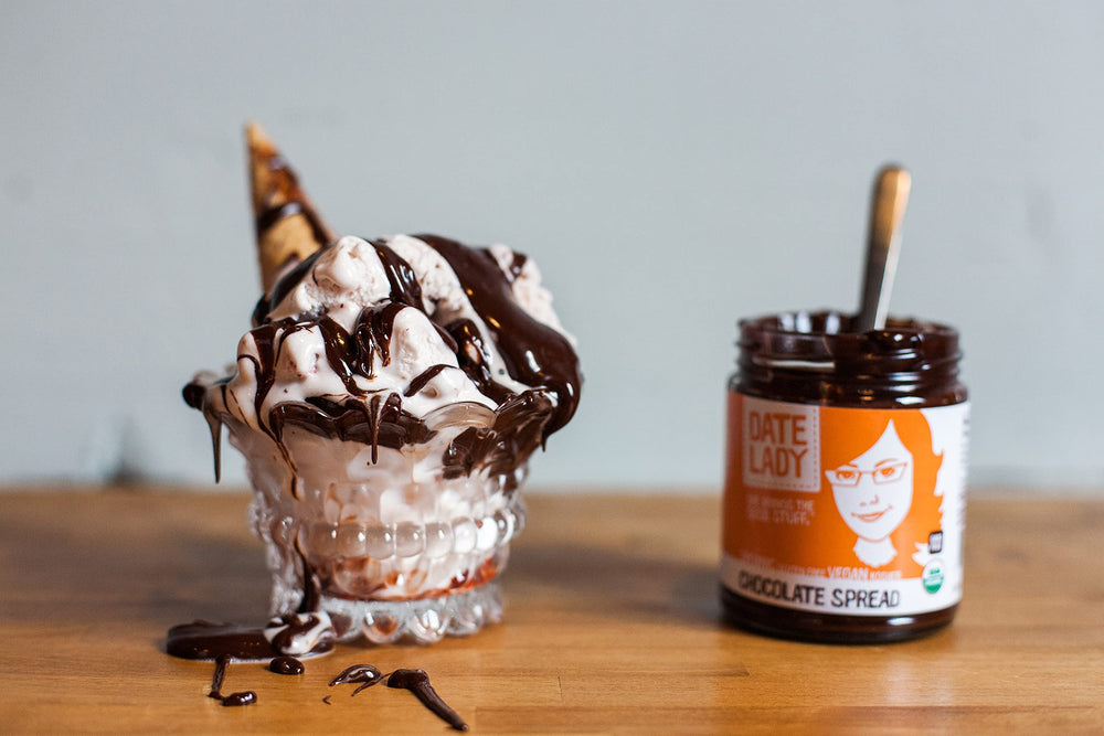 Date Lady chocolate date spread jar closeup highlighting rich, dairy-free spread for toast