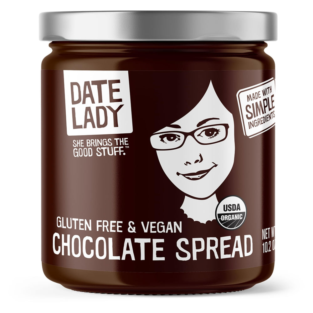 Date Lady chocolate date spread jar showing smooth organic cocoa flavor for dipping fruit