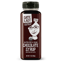 Date Lady Chocolate Syrup bottle pour showcases smooth, vegan drizzle.