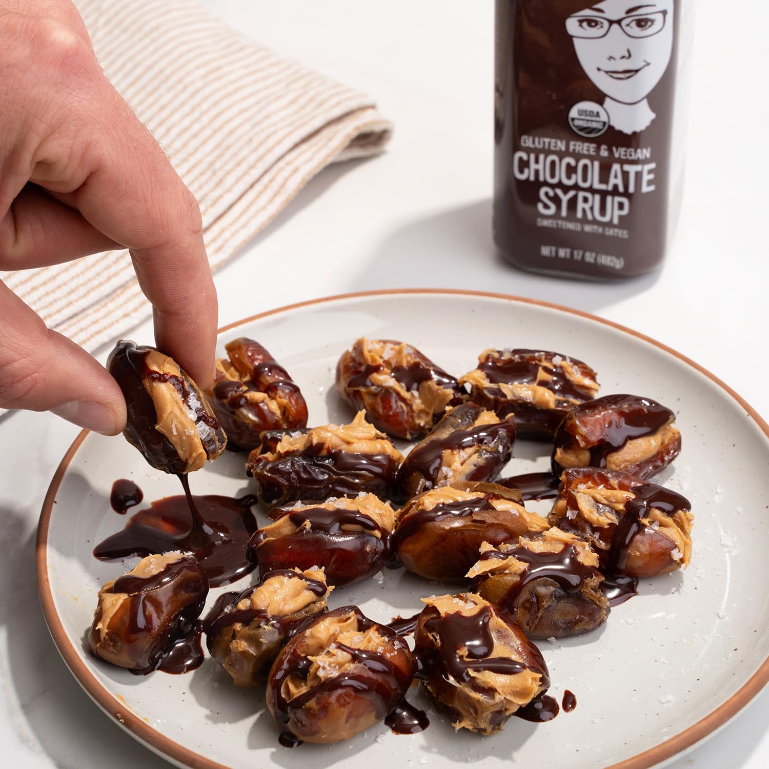 Date Lady Chocolate Syrup glass jar close-up reveals natural color.