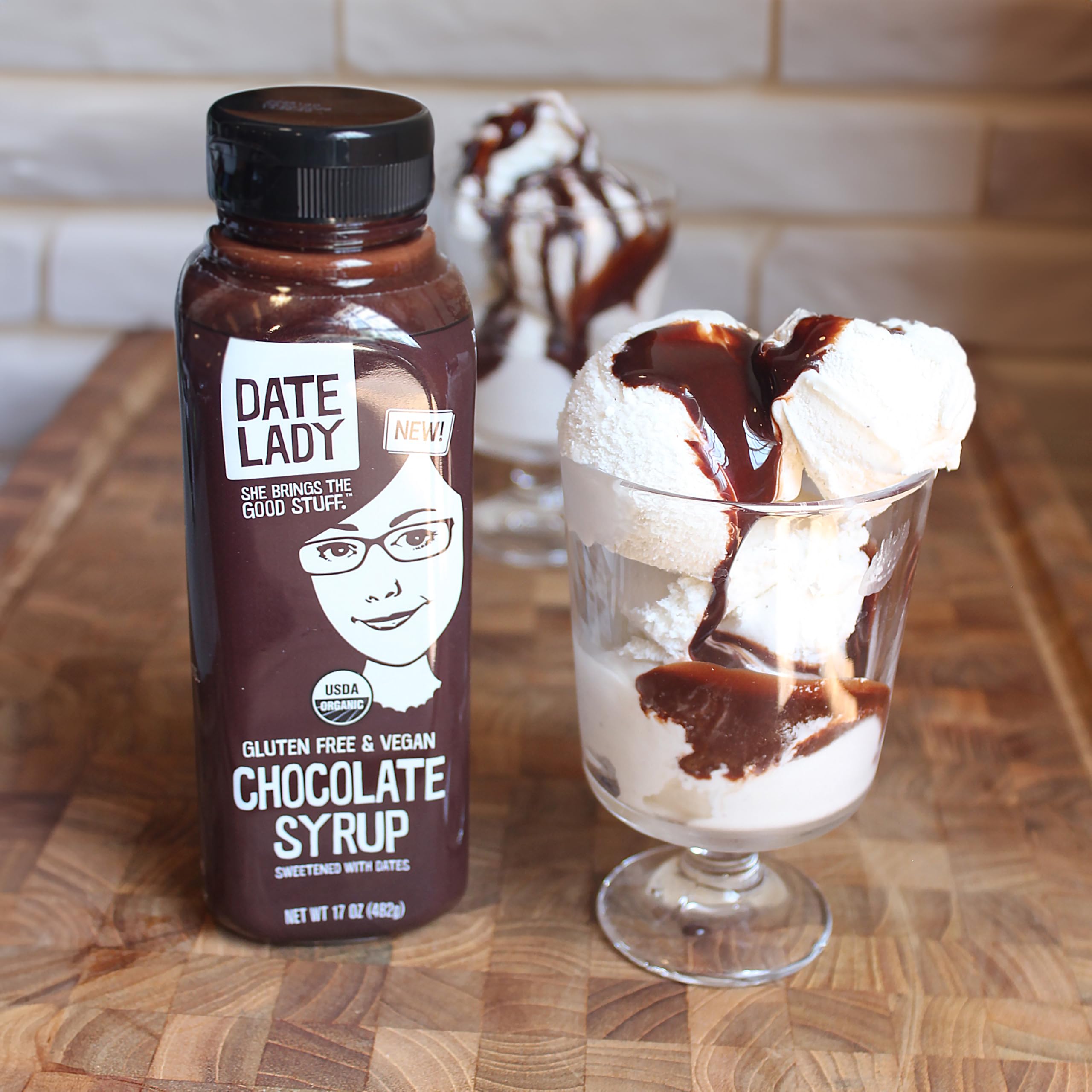 Date Lady Chocolate Syrup label detail signals organic, vegan, kosher.