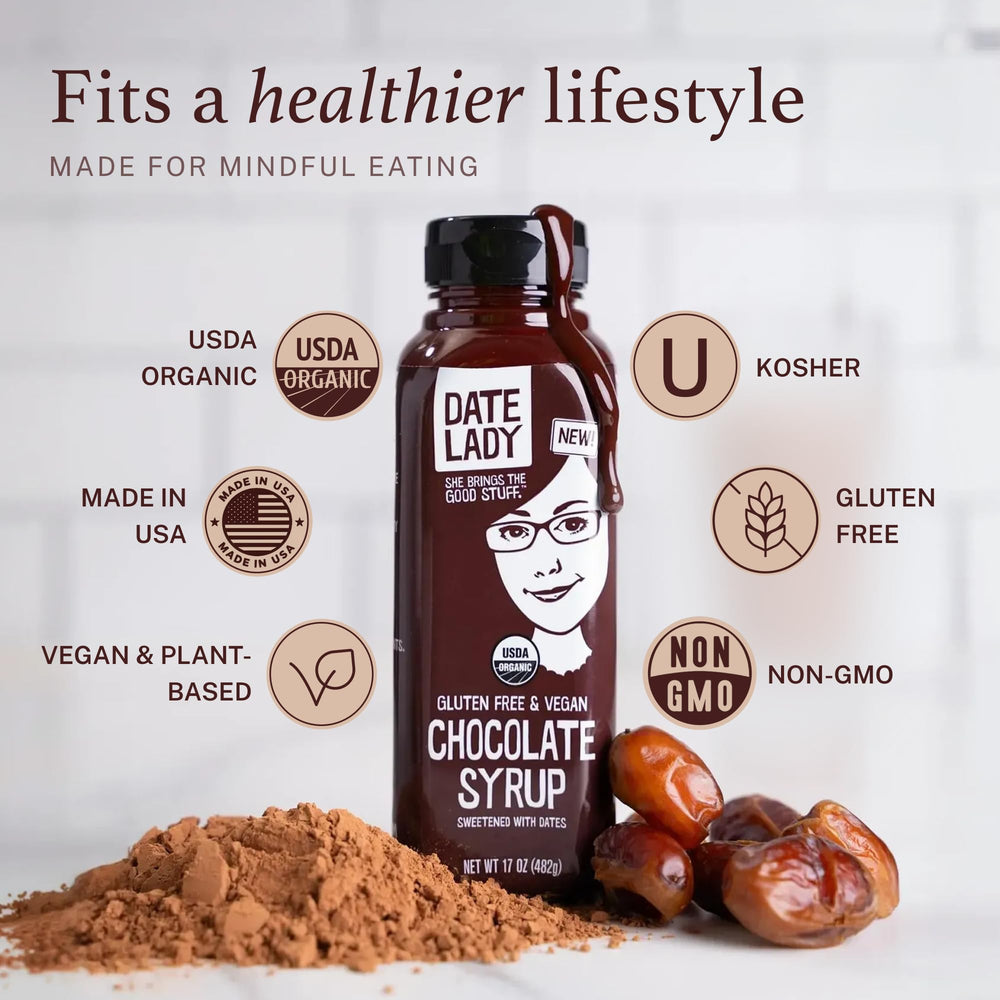 Date Lady Chocolate Syrup spoon-taste invites quick chocolate indulgence.