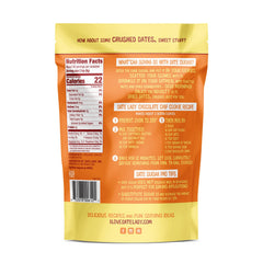 Date Lady Date Sugar bag back highlights 1:1 substitution and flour reduction tips.