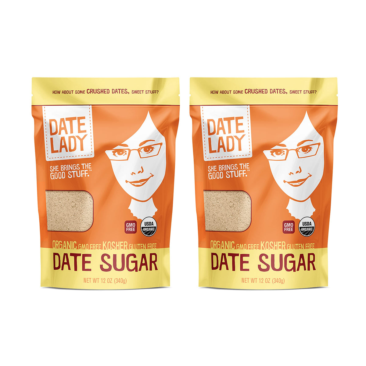 Date Lady Date Sugar bag front shows organic, vegan sweetener for baking versatility.