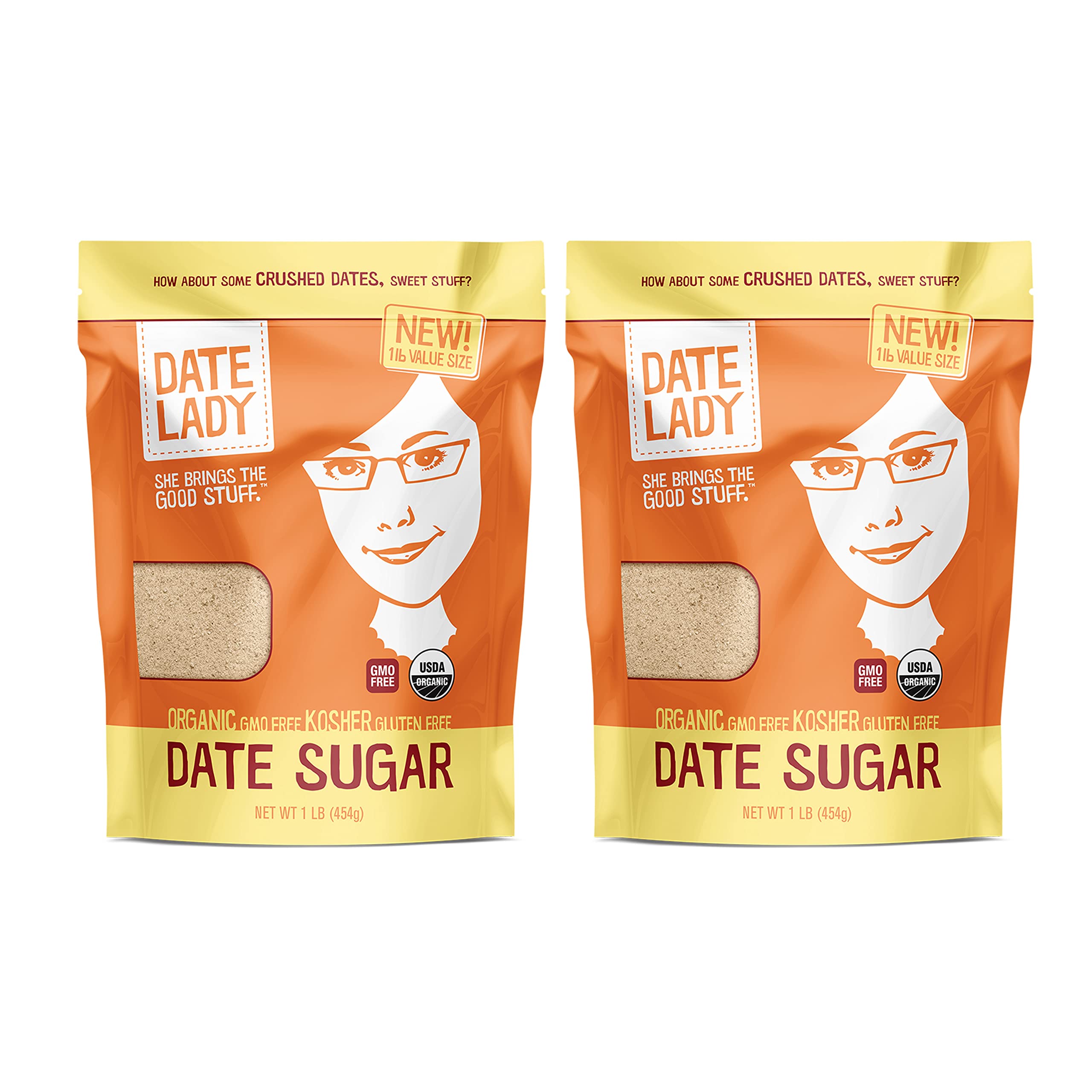 Date Lady Date Sugar bag front highlights organic, simple ingredients for baking.