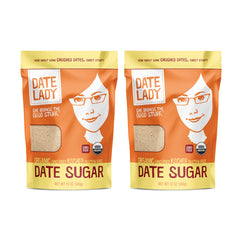 Date Lady Date Sugar bag front shows organic, vegan sweetener for baking versatility.