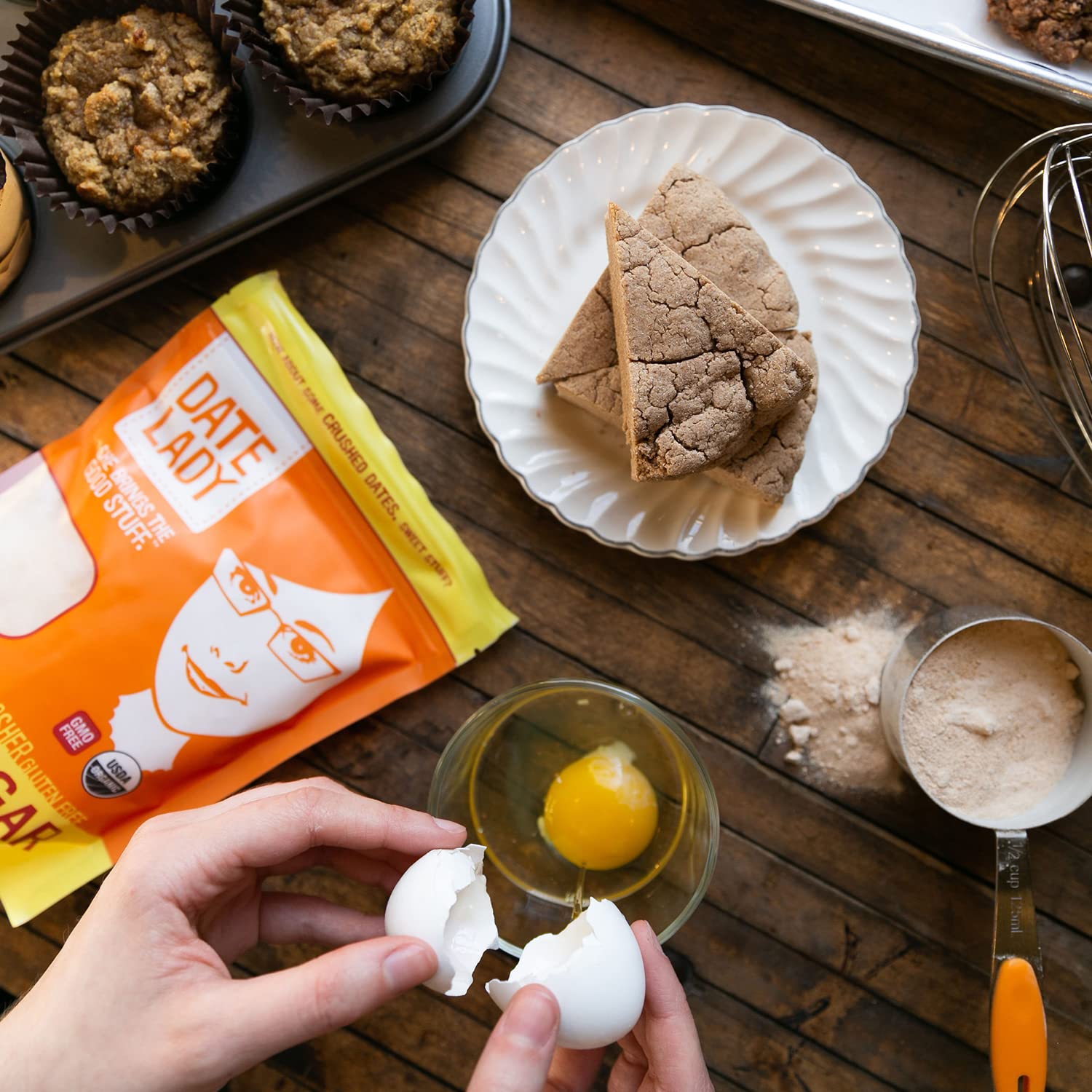Date Lady Date Sugar baking setup conveys versatile substitutes for brown sugar.
