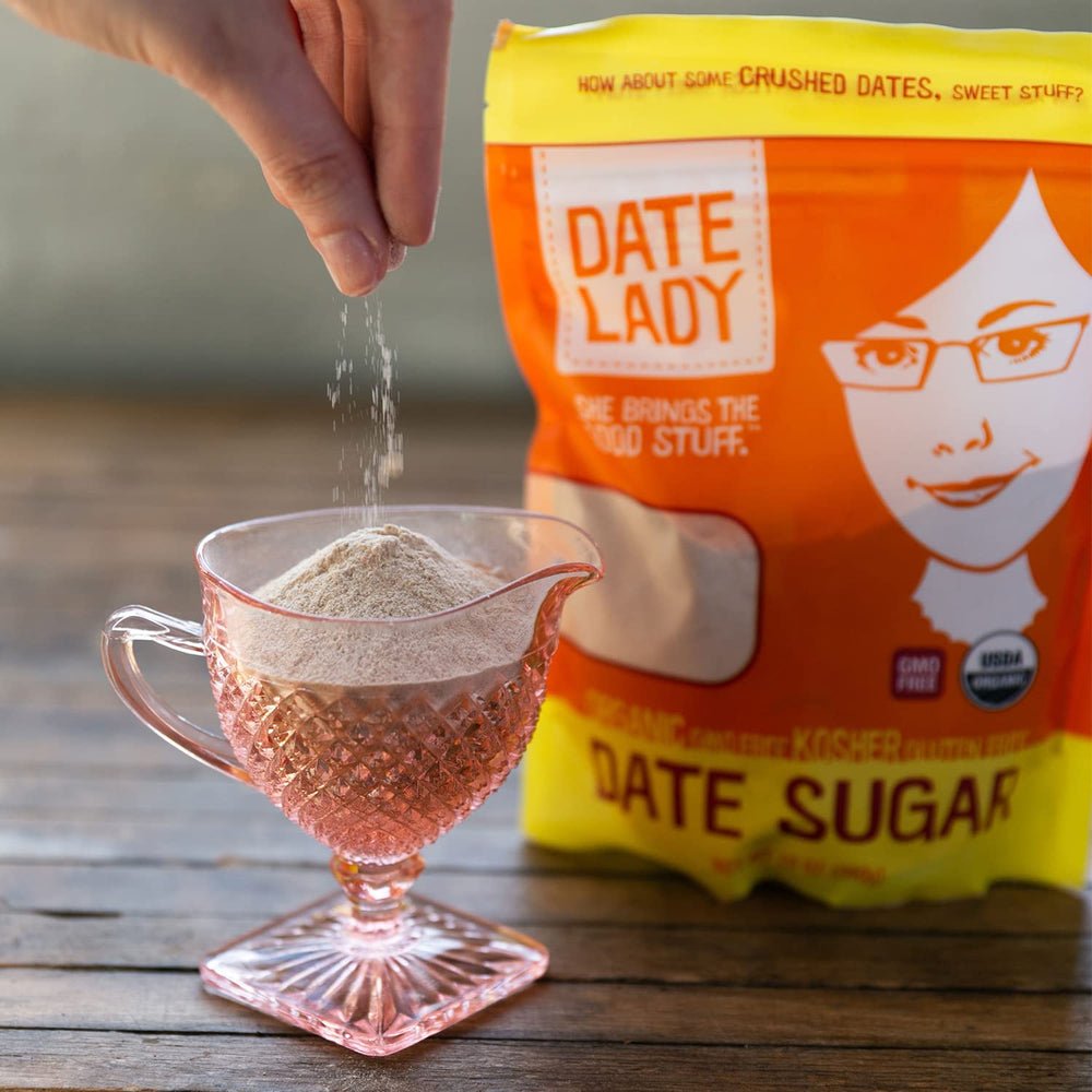 Date Lady Date Sugar granules sparkle as a natural date-based sweetener for baking.